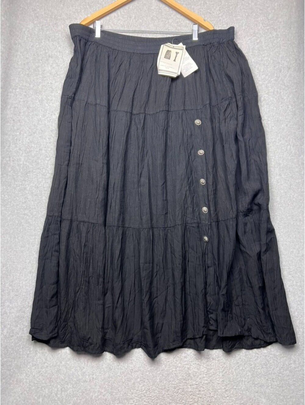 Vintage Crinkle Maxi Skirt L Tiered Button Asymmetric Whimsigoth Fairy Grunge